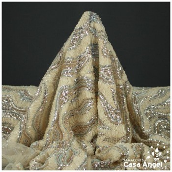 TUL BEIGE BORDADO CON ROCALLA Y ORGANZA SERIE BONGO 135cm