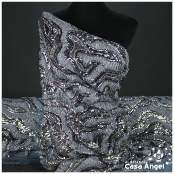 TUL GRIS BORDADO CON ROCALLA Y ORGANZA SERIE BONGO 135 cm