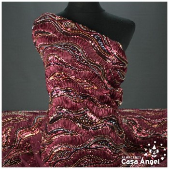 TUL ROJO GRANA BORDADO CON ROCALLA Y ORGANZA SERIE BONGO 135 cm