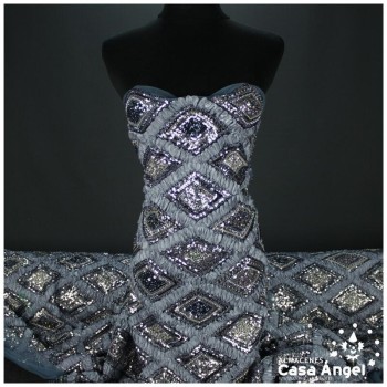 TUL GRIS BORDADO DE ORGANZA Y ROCALLA SERIE ASTRA 135cm
