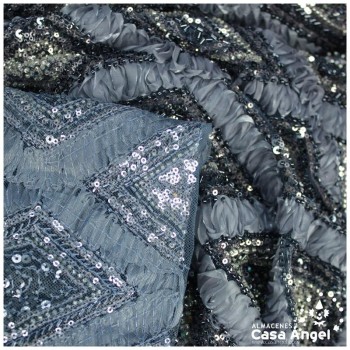 TUL GRIS BORDADO DE ORGANZA Y ROCALLA SERIE ASTRA 135cm