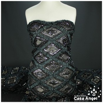 TUL NEGRO BORDADO DE ORGANZA Y ROCALLA SERIE ASTRA 135cm