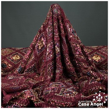 TUL ROJO GRANA BORDADO DE ORGANZA Y ROCALLA SERIE ASTRA 135cm