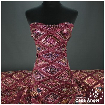 TUL ROJO GRANA BORDADO DE ORGANZA Y ROCALLA SERIE ASTRA 135cm