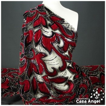 TUL DE FANTASÍA ROJO BORDADO DE TERCIOPELO SERIE TAKUMI 130cm