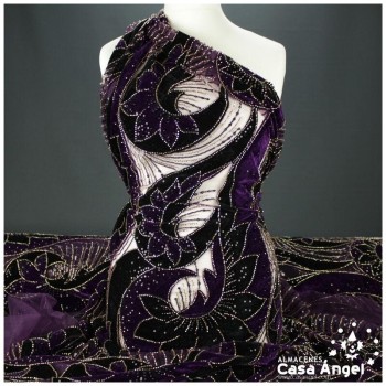 TUL DE FANTASÍA MORADO BORDADO DE TERCIOPELO SERIE COSMINA 130cm
