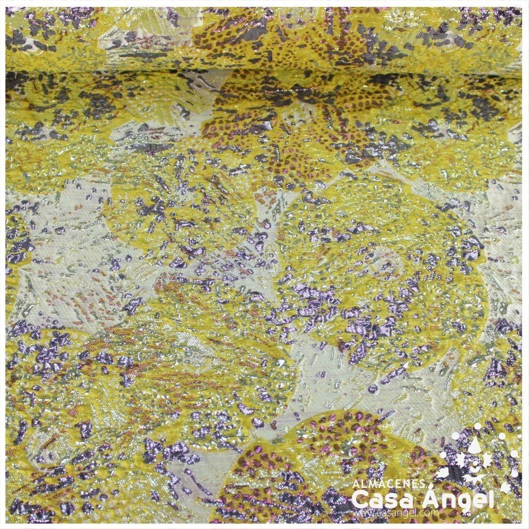 TELA BROCADO JACQUARD FLOR REDONDA AMARILLO CON LÚREX SERIE HARU 145cm
