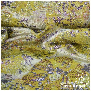 TELA BROCADO JACQUARD FLOR REDONDA AMARILLO CON LÚREX SERIE HARU 145cm