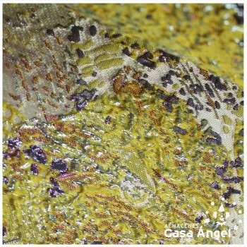 TELA BROCADO JACQUARD FLOR REDONDA AMARILLO CON LÚREX SERIE HARU 145cm