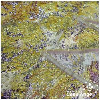 TELA BROCADO JACQUARD FLOR REDONDA AMARILLO CON LÚREX SERIE HARU 145cm