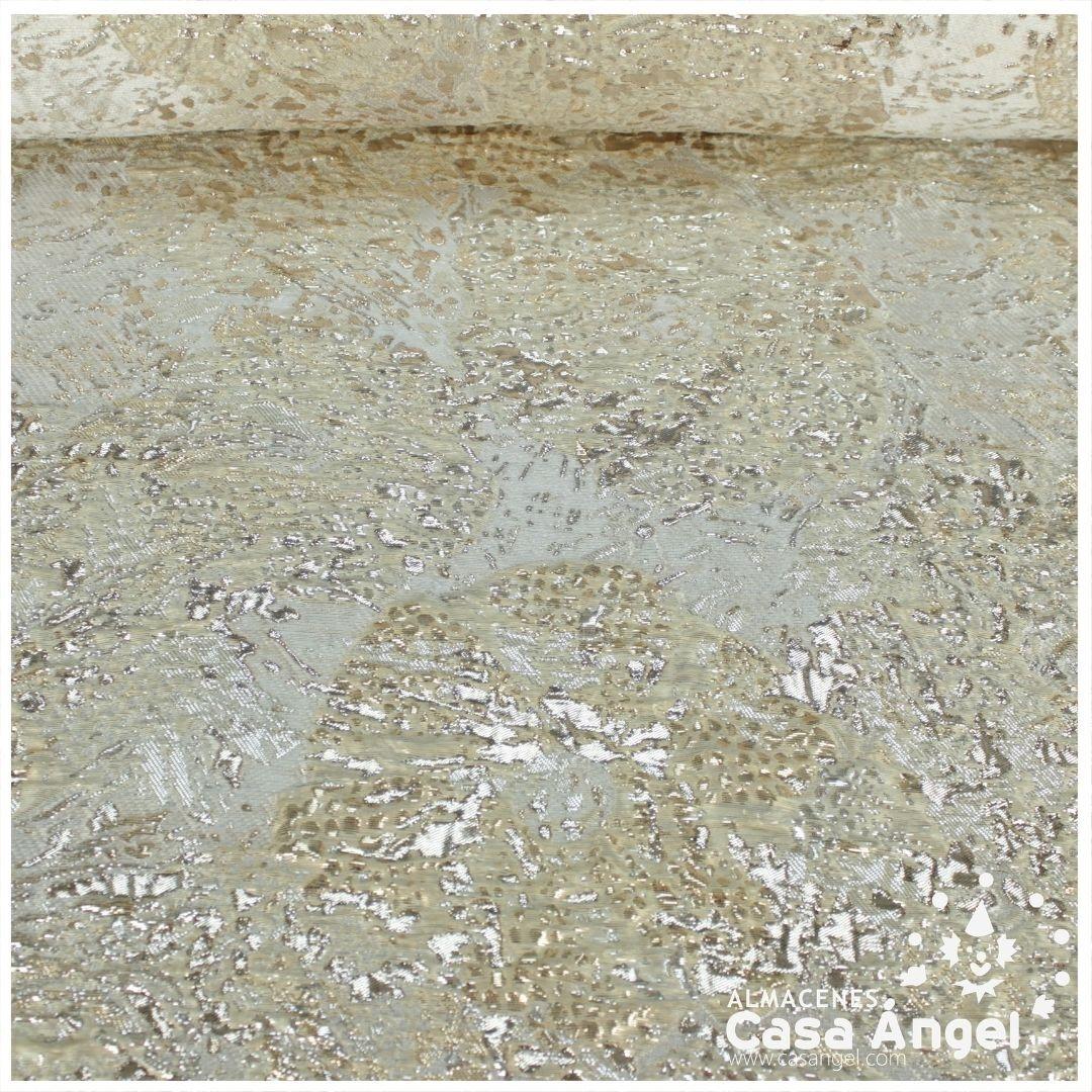 TELA BROCADO JACQUARD FLOR REDONDA BLANCO CON LÚREX SERIE HARU 145cm