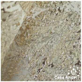 TELA BROCADO JACQUARD FLOR REDONDA BLANCO CON LÚREX SERIE HARU 145cm
