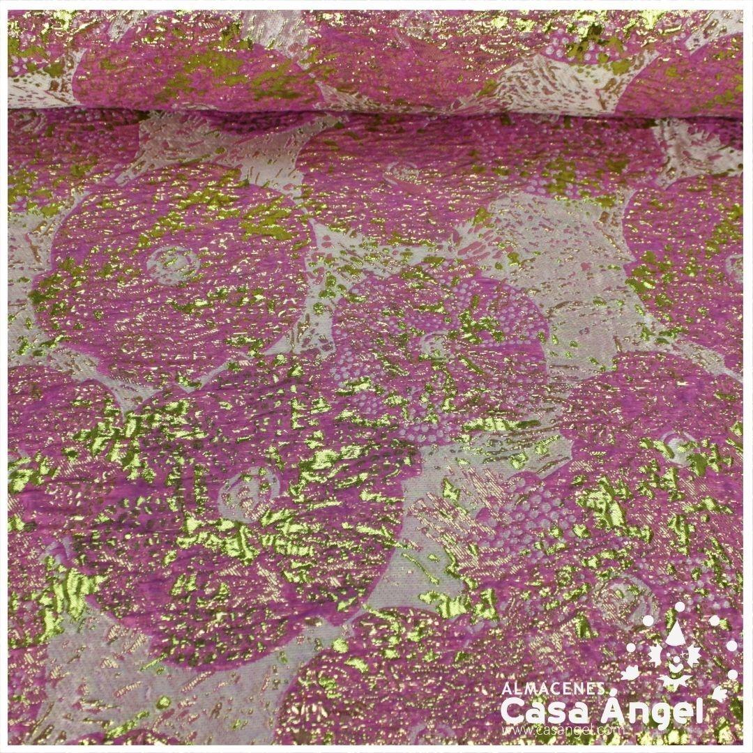 TELA BROCADO JACQUARD FLOR REDONDA FUCSIA CON LÚREX SERIE HARU 145cm