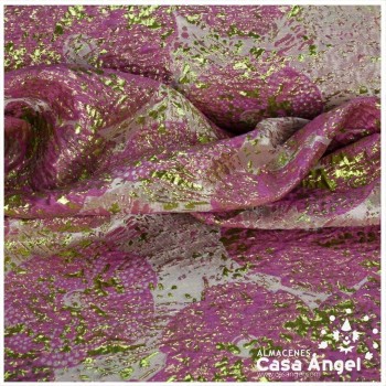 TELA BROCADO JACQUARD FLOR REDONDA FUCSIA CON LÚREX SERIE HARU 145cm
