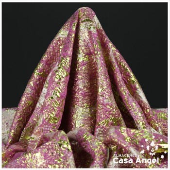 TELA BROCADO JACQUARD FLOR REDONDA FUCSIA CON LÚREX SERIE HARU 145cm