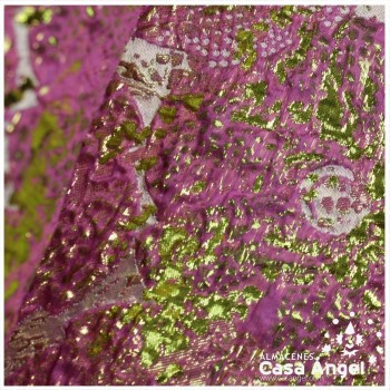 TELA BROCADO JACQUARD FLOR REDONDA FUCSIA CON LÚREX SERIE HARU 145cm