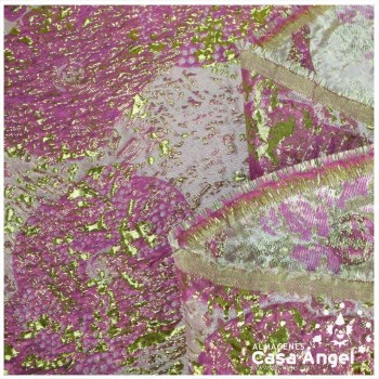 TELA BROCADO JACQUARD FLOR REDONDA FUCSIA CON LÚREX SERIE HARU 145cm