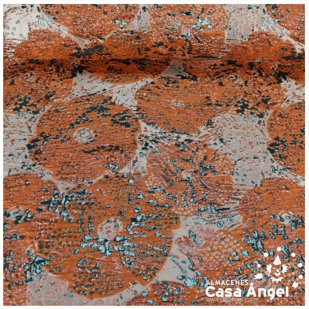 TELA BROCADO JACQUARD FLOR REDONDA NARANJA CON LÚREX SERIE HARU 145cm