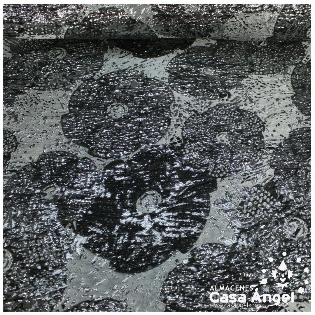 TELA BROCADO JACQUARD FLOR REDONDA NEGRO CON LÚREX SERIE HARU 145cm