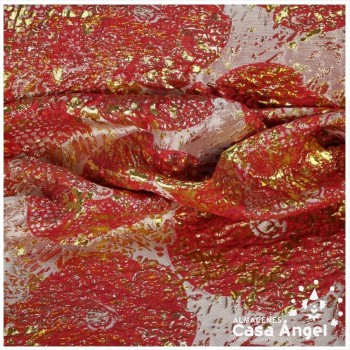 TELA BROCADO JACQUARD FLOR REDONDA ROJO CON LÚREX SERIE HARU 145cm