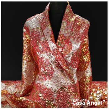 TELA BROCADO JACQUARD FLOR REDONDA ROJO CON LÚREX SERIE HARU 145cm