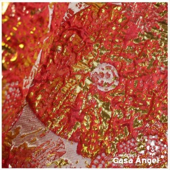 TELA BROCADO JACQUARD FLOR REDONDA ROJO CON LÚREX SERIE HARU 145cm