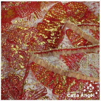 TELA BROCADO JACQUARD FLOR REDONDA ROJO CON LÚREX SERIE HARU 145cm