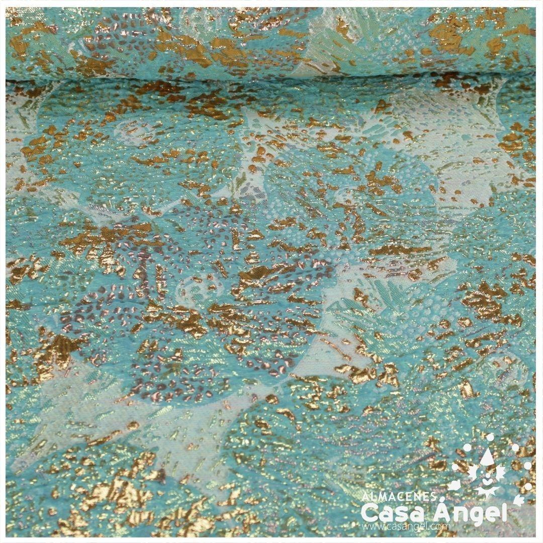 TELA BROCADO JACQUARD FLOR REDONDA TURQUESA CON LÚREX SERIE HARU 145cm