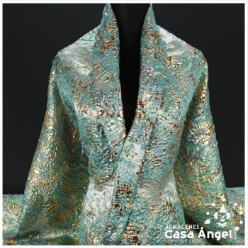 TELA BROCADO JACQUARD FLOR REDONDA TURQUESA CON LÚREX SERIE HARU 145cm