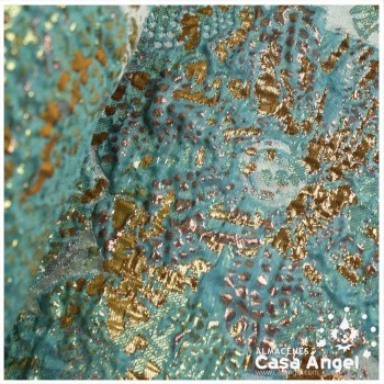TELA BROCADO JACQUARD FLOR REDONDA TURQUESA CON LÚREX SERIE HARU 145cm