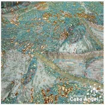 TELA BROCADO JACQUARD FLOR REDONDA TURQUESA CON LÚREX SERIE HARU 145cm