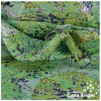 TELA BROCADO JACQUARD FLOR REDONDA VERDE CON LÚREX SERIE HARU 145cm