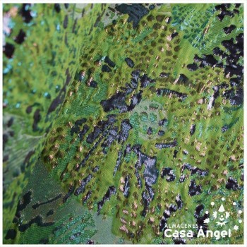 TELA BROCADO JACQUARD FLOR REDONDA VERDE CON LÚREX SERIE HARU 145cm