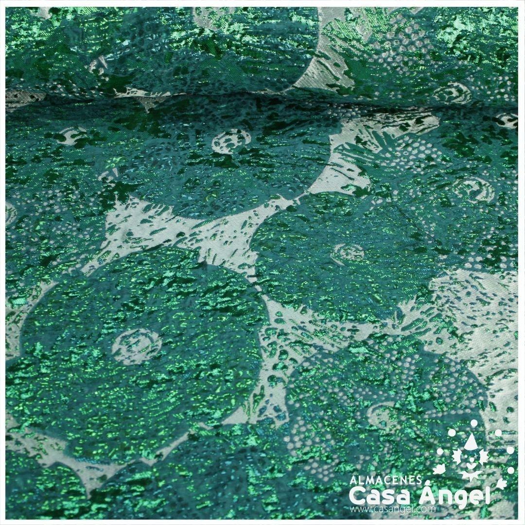 TELA BROCADO JACQUARD FLOR REDONDA VERDE OSCURO CON LÚREX SERIE HARU 145cm