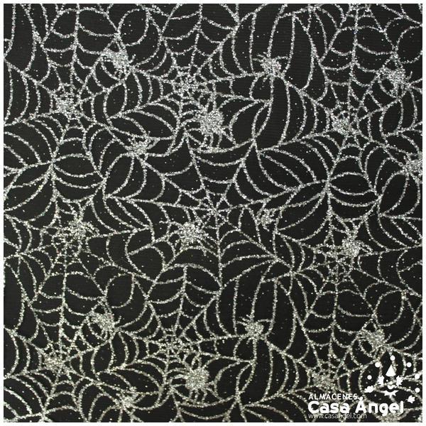TUL NEGRO CON TELARAÑAS EN GLITTER PLATA 150cm