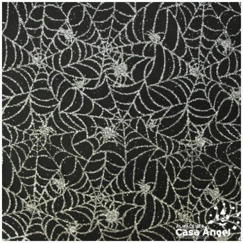 TUL NEGRO CON TELARAÑAS EN GLITTER PLATA 150cm