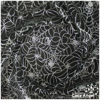 TUL NEGRO CON TELARAÑAS EN GLITTER PLATA 150cm