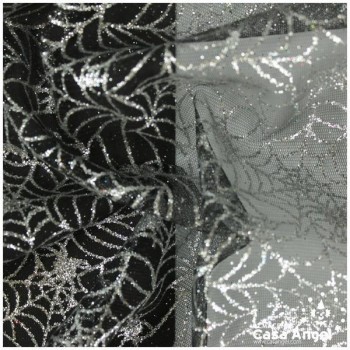 TUL NEGRO CON TELARAÑAS EN GLITTER PLATA 150cm