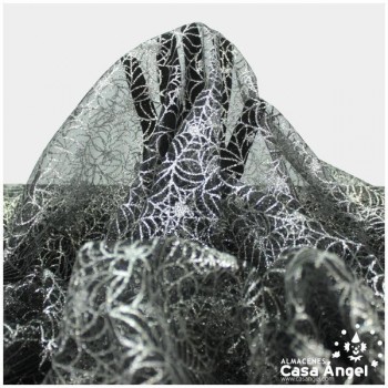 TUL NEGRO CON TELARAÑAS EN GLITTER PLATA 150cm