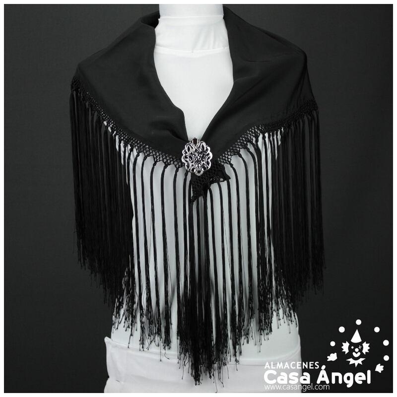MANTÓN DE PICO LISO NEGRO CON FLECOS