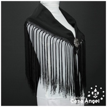 MANTÓN DE PICO LISO NEGRO CON FLECOS