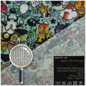 TELA ALGODÓN PERCAL ESTAMPADA CON GRAFITIS 150cm