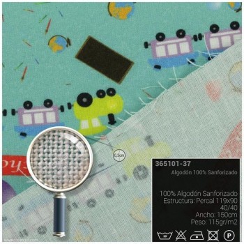 TELA ALGODÓN PERCAL ESTAMPADA TRENECITOS 150cm