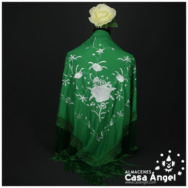 MANTÓN VERDE DE PUNTO DE SEDA BORDADO FLORAL ADULTO