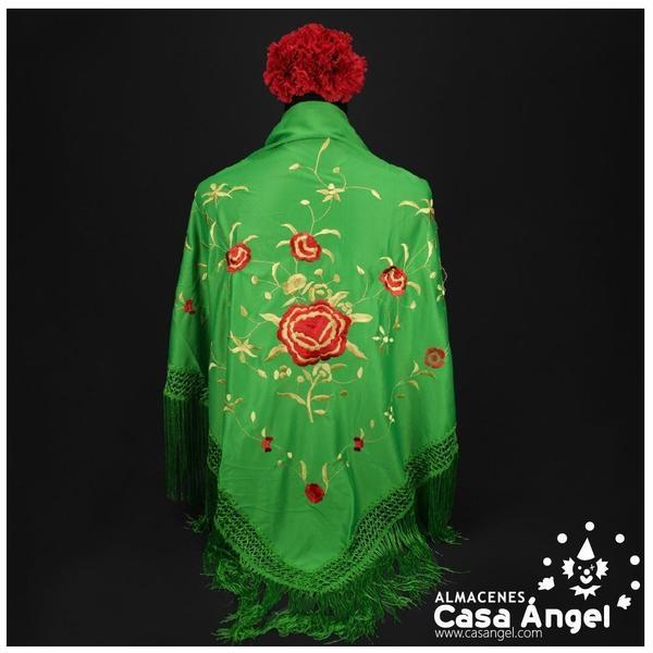 MANTÓN VERDE LIMA DE PUNTO DE SEDA BORDADO FLORAL ADULTO