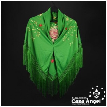 MANTÓN VERDE LIMA DE PUNTO DE SEDA BORDADO FLORAL ADULTO