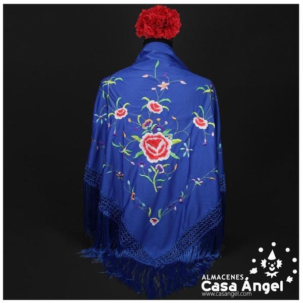 MANTÓN AZUL DE PUNTO DE SEDA BORDADO FLORAL ADULTO