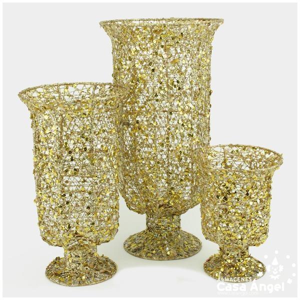 JUEGO DE 3 JARRONES SECOS TIPO CALIZ ACABADO GLITTER