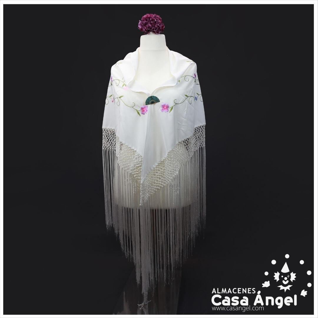 MANTÓN DE PICO MARFIL BORDADO FLORES COLOR ROSA 180cm