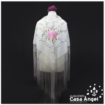 MANTÓN DE PICO MARFIL BORDADO FLORES COLOR ROSA 180cm